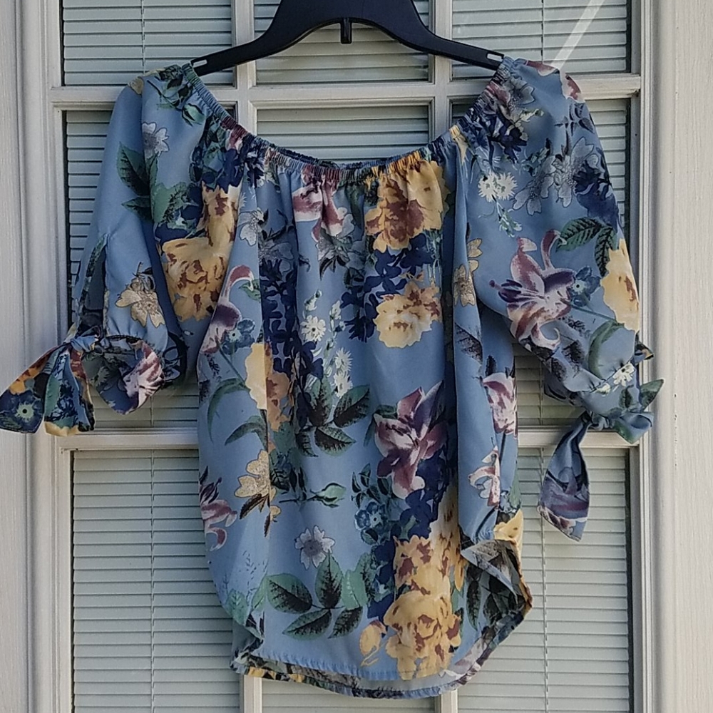 Sky blue with Flowers Crop Top M